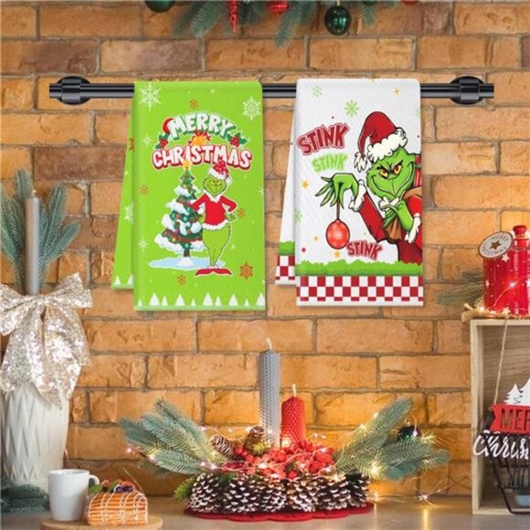 Set of 2 Grinchmas Christmas‎ Kitchen Towels, Waffle Weave Absorbent Hand Towels - Picture 3 of 7